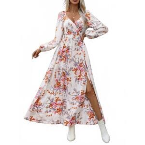 NEW ROSA CLOTHING vintage v-neck print long sleeve maxi dress in white